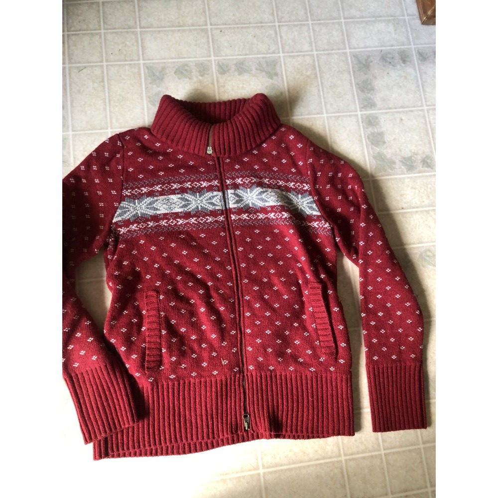 Eddie Bauer Medium Red Snowflake Cotton Nylon Wool Bl. Zip Cardigan Sweater 90's